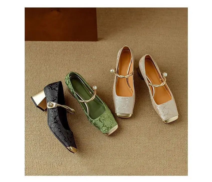 Spring Mary Jane Shoes High Heels Women's Single-layer Shoes New Chinese Style National Style Color-matching Square Head French Pearl Thick Heel — feature 7