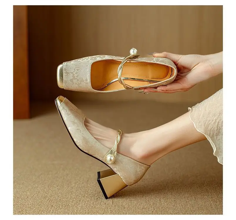 Spring Mary Jane Shoes High Heels Women's Single-layer Shoes New Chinese Style National Style Color-matching Square Head French Pearl Thick Heel - Image 3