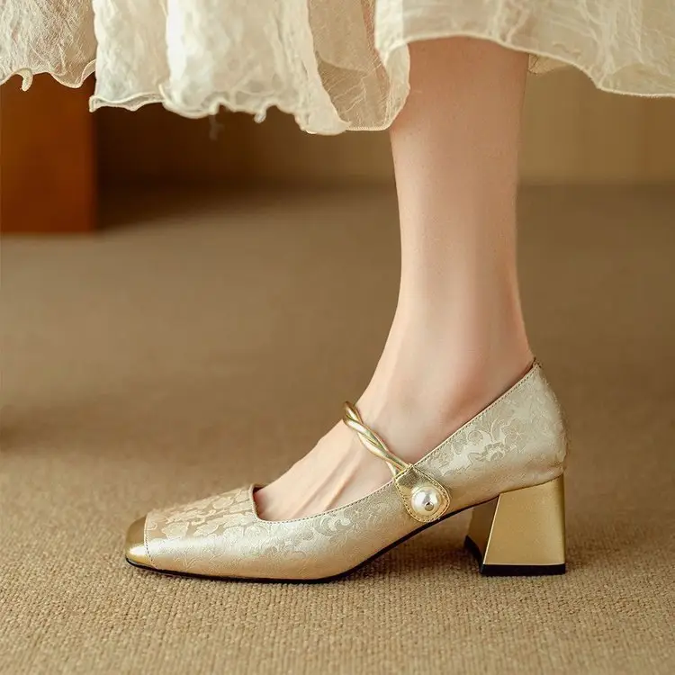 Spring High-heeled Shoes Women's Single-layer Shoes New Chinese Style National Style Color-matching Square-head Mary Jane Shoes French Pearl Thick Heel - Image 6