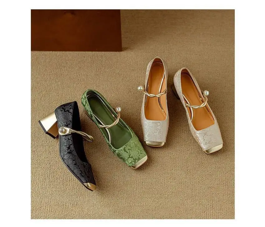 Spring High-heeled Shoes Women's Single-layer Shoes New Chinese Style National Style Color-matching Square-head Mary Jane Shoes French Pearl Thick Heel — feature 7