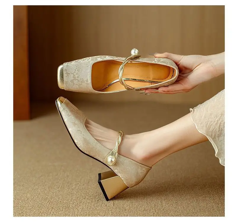 Spring High-heeled Shoes Women's Single-layer Shoes New Chinese Style National Style Color-matching Square-head Mary Jane Shoes French Pearl Thick Heel - Image 3