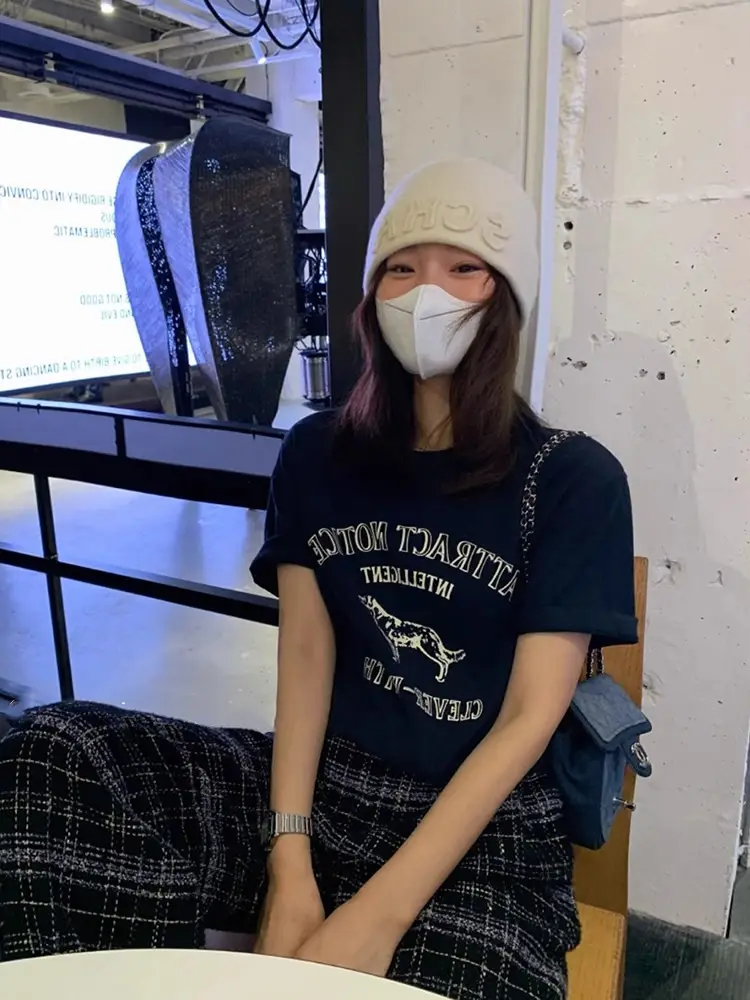 Korean-style Loose Round Neck Cotton T-shirt 2025 Summer New American-style Letter Printed Short-sleeved Top for Inner Wearing and Outer Wearing
