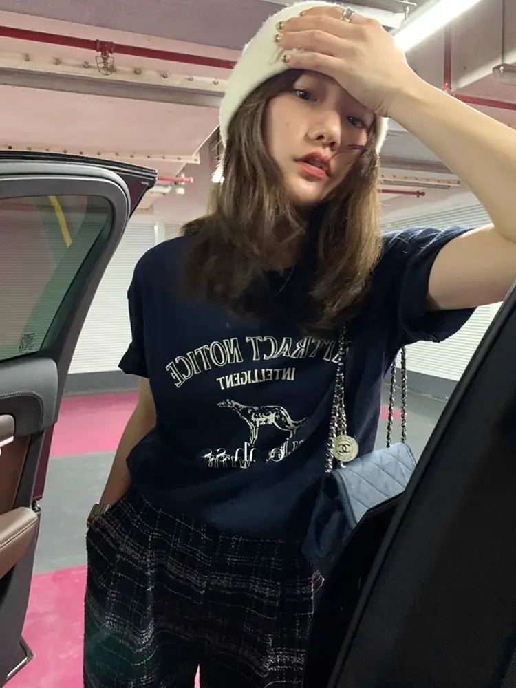 Korean-style Loose Round Neck Cotton T-shirt 2025 Summer New American-style Letter Printed Short-sleeved Top for Inner Wearing and Outer Wearing — feature 6