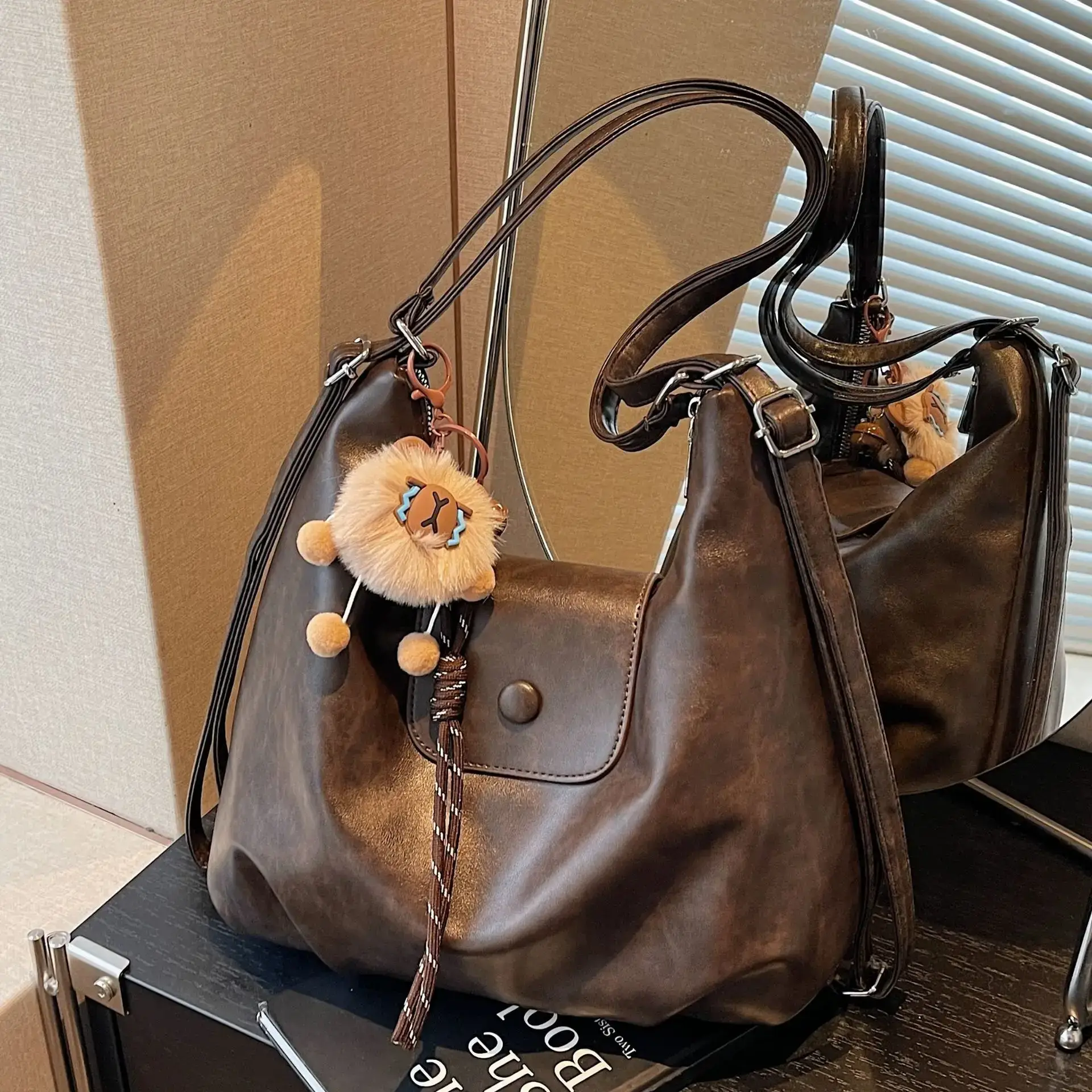 Women's Brown Leather Tote Bag with Pom Pom Charm
