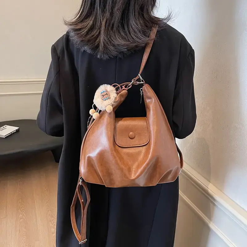 Women's Brown Leather Tote Bag with Pom Pom Charm