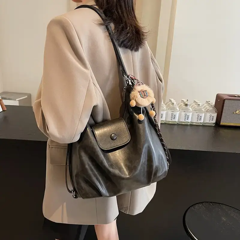 Women's Brown Leather Tote Bag with Pom Pom Charm