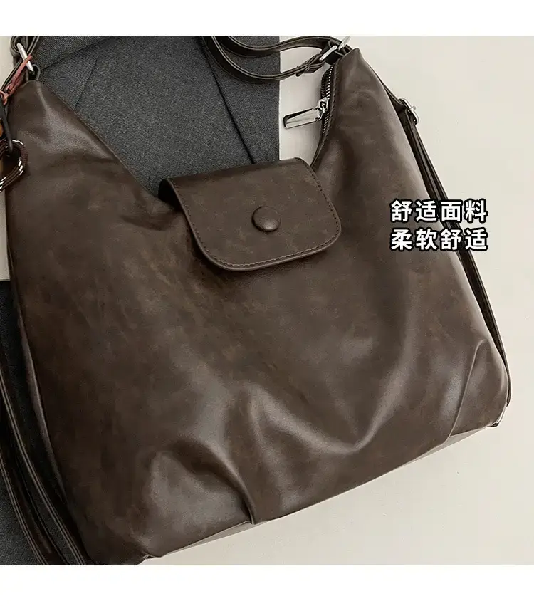Women's Brown Leather Tote Bag with Pom Pom Charm — feature 3