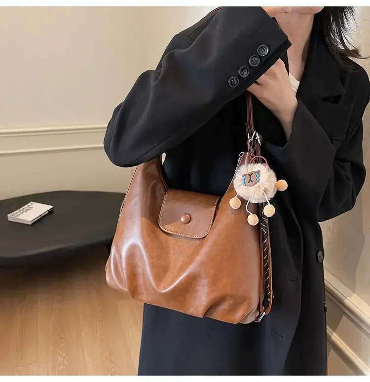 Women's Brown Leather Tote Bag with Pom Pom Charm — feature 30