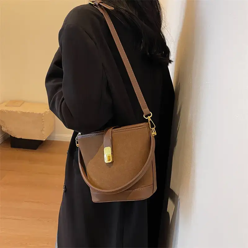 Autumn Winter Women's Frosted Bucket Bag Large Capacity - Image 5