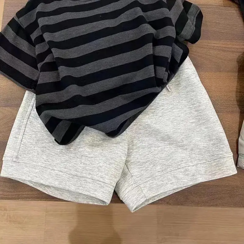 Boys Summer Striped Shorts Set Gray Black Shorts Top