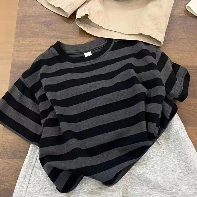 Boys Summer Striped Shorts Set Gray Black Shorts Top — feature 3