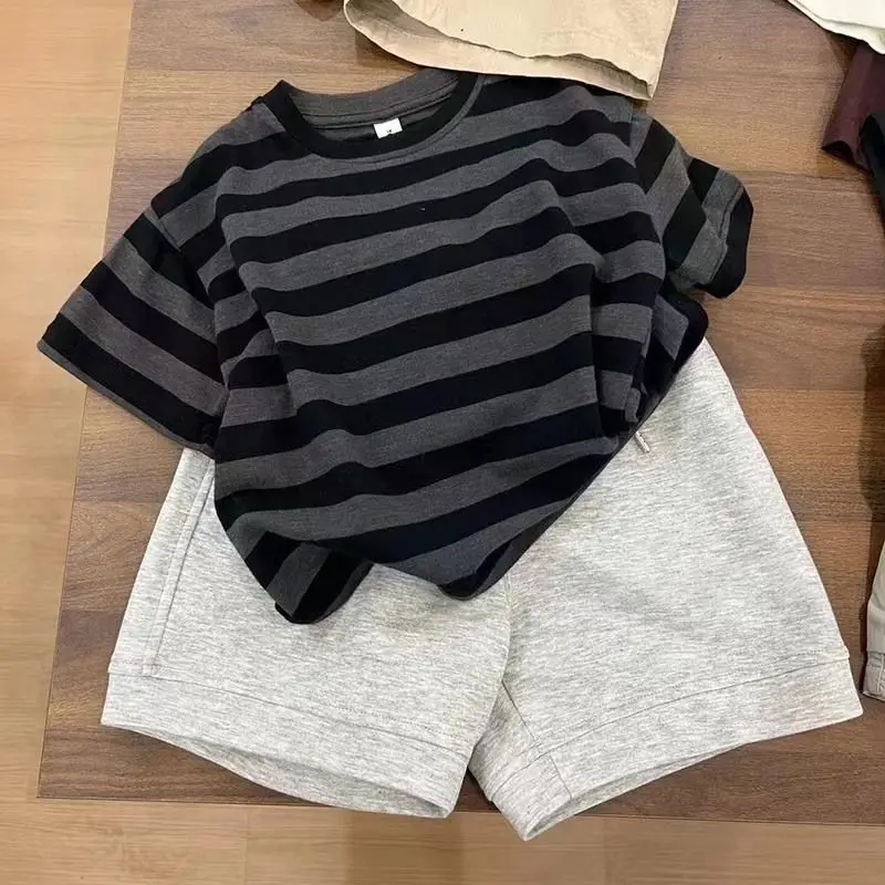Boys Summer Striped Shorts Set Gray Black Shorts Top — feature 4