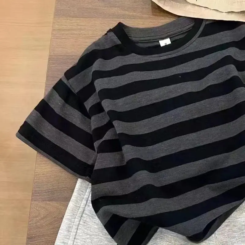 Boys Summer Striped Shorts Set Gray Black Shorts Top — feature 6