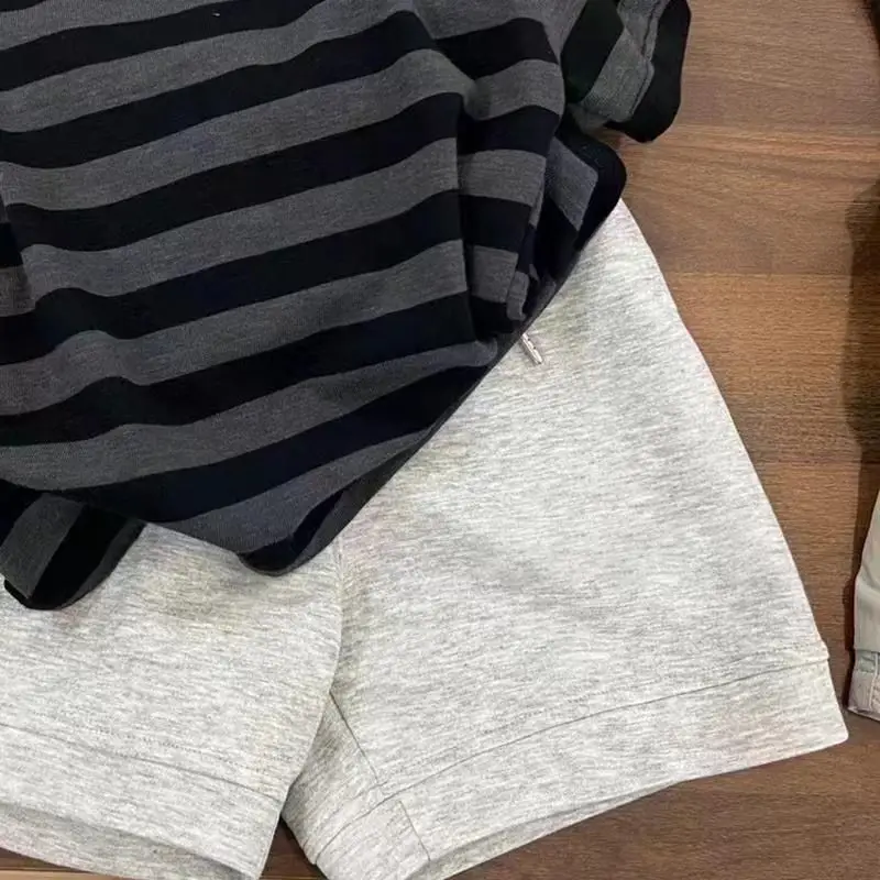 Boys Summer Striped Shorts Set Gray Black Shorts Top — feature 7