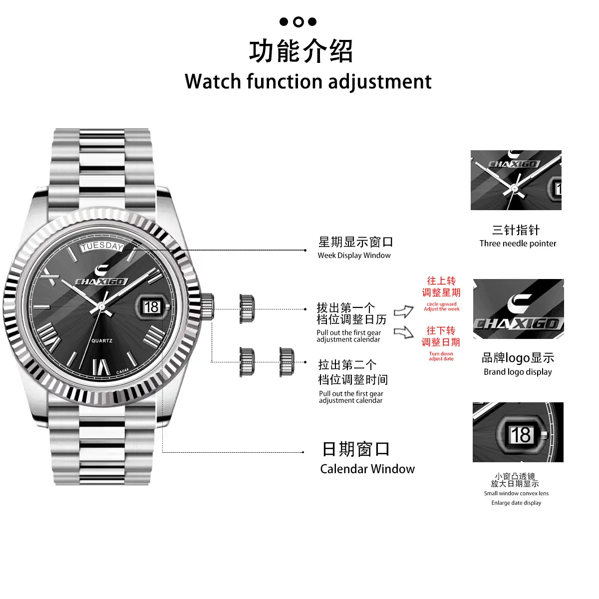 Chixigoo Swiss Brand Men's Quartz Watch Real Steel Band Large Dial - Image 5