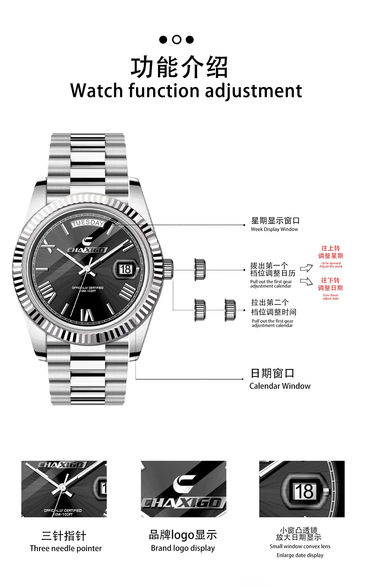 Chixigoo Swiss Brand Men's Quartz Watch Real Steel Band Large Dial — feature 9