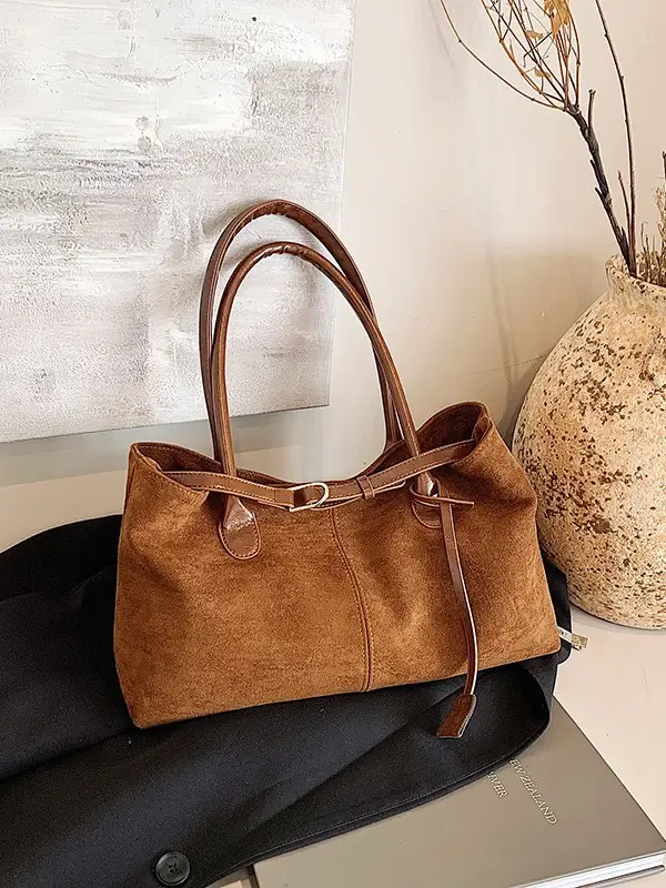 Women's Suede Shoulder Bag Large Capacity Brown - Image 3