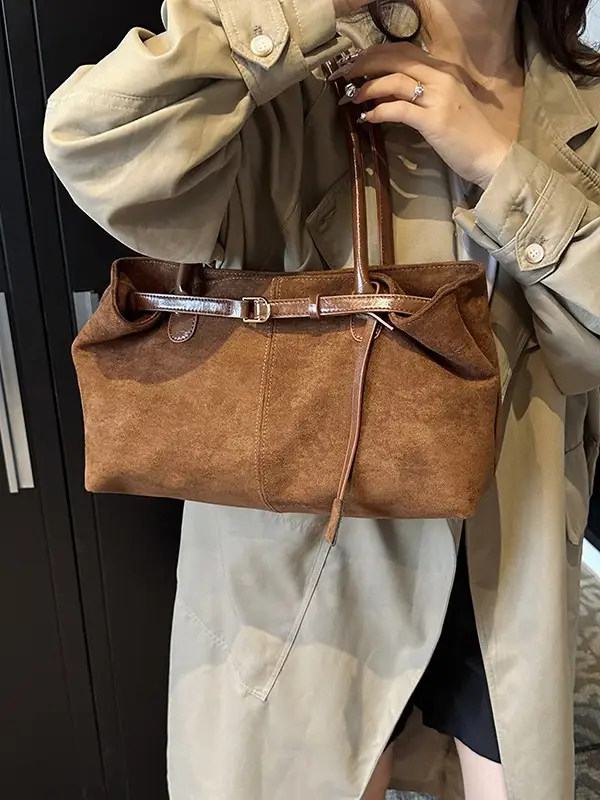 Women's Suede Shoulder Bag Large Capacity Brown - Image 5