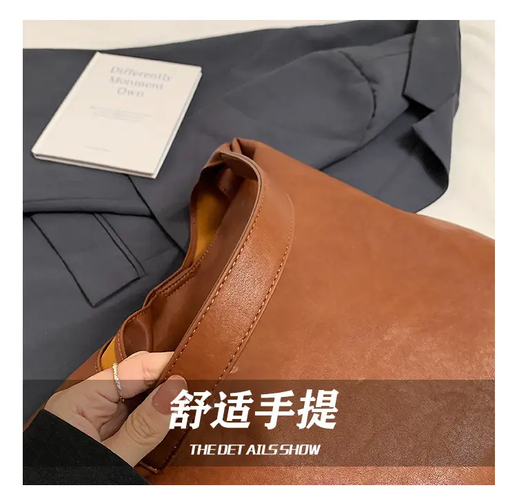 Women's Retro College Style Large Capacity Shoulder Tote Bag Brown Leather — feature 12