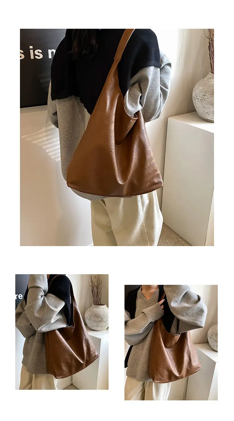 Women's Retro College Style Large Capacity Shoulder Tote Bag Brown Leather — feature 4