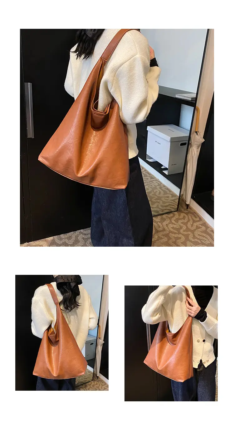 Women's Retro College Style Large Capacity Shoulder Tote Bag Brown Leather — feature 7