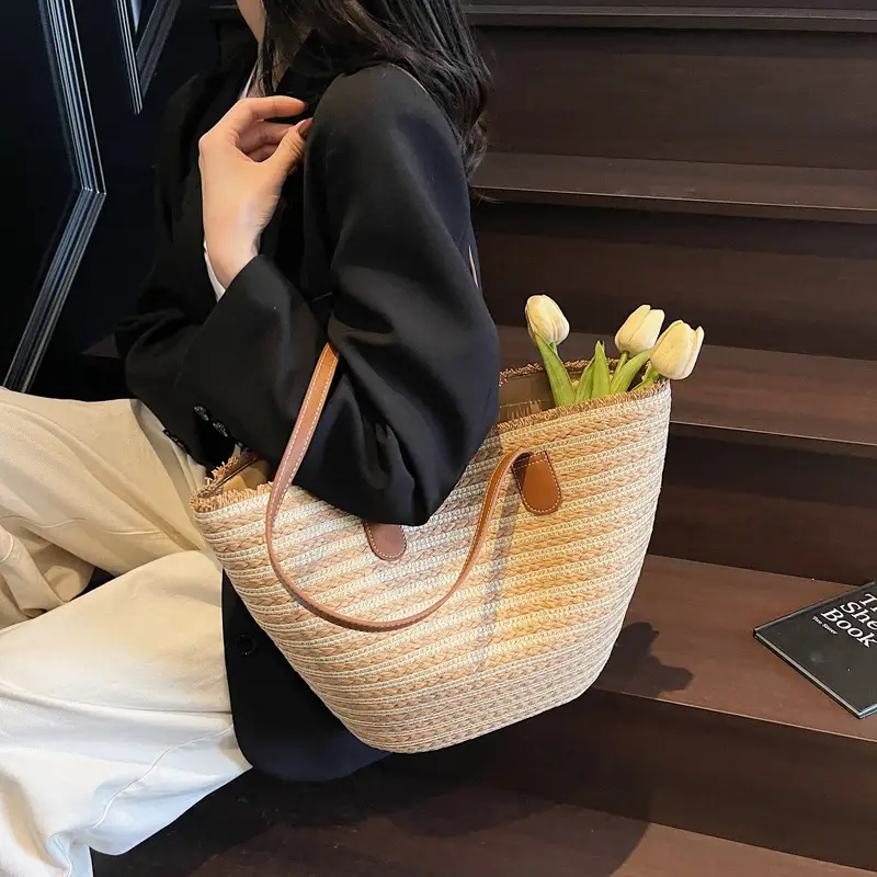 Women's Straw Underarm Bag with Leather Handles