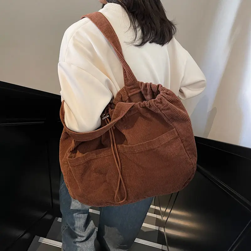 Women Drawstring Shoulder Bag Large Capacity Beige - Image 7