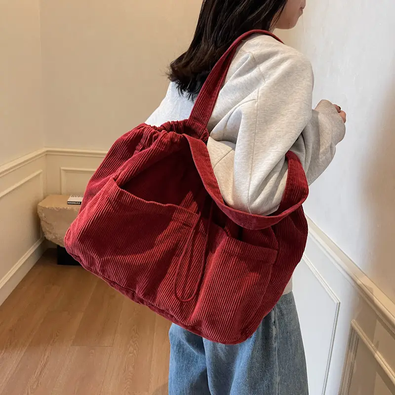 Women Drawstring Shoulder Bag Large Capacity Beige - Image 8