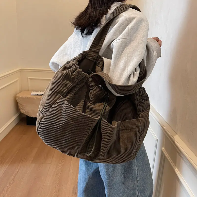 Women Drawstring Shoulder Bag Large Capacity Beige - Image 9