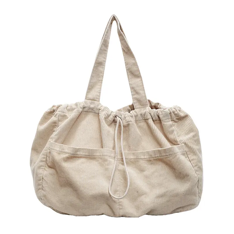 Women Drawstring Shoulder Bag Large Capacity Beige - Image 3