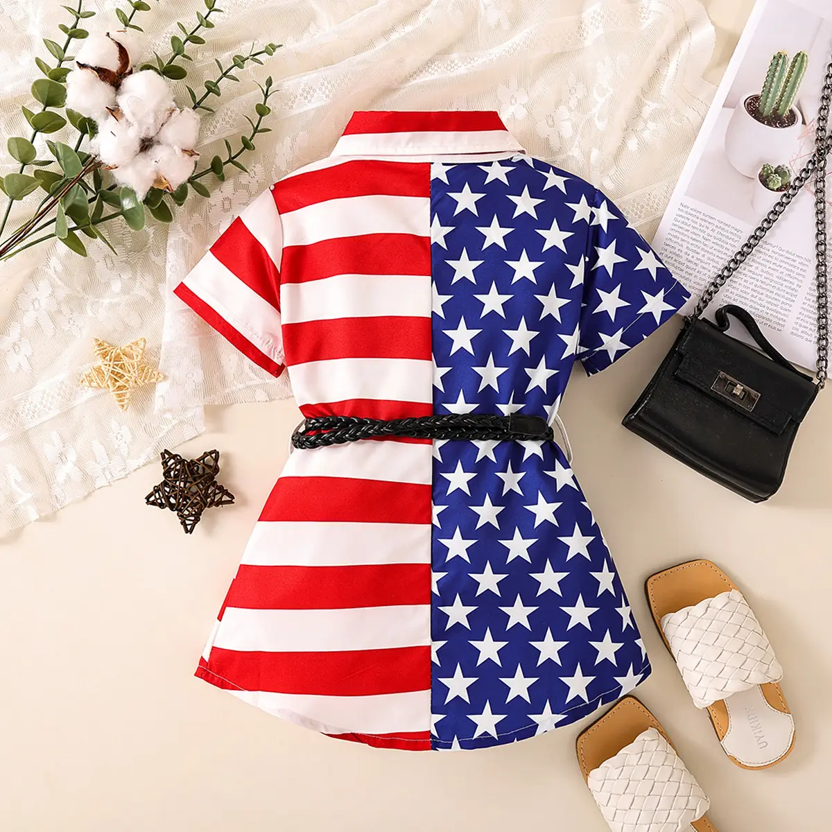 Independence Day Girl's Star Patchwork Dress with Belt - Image 2