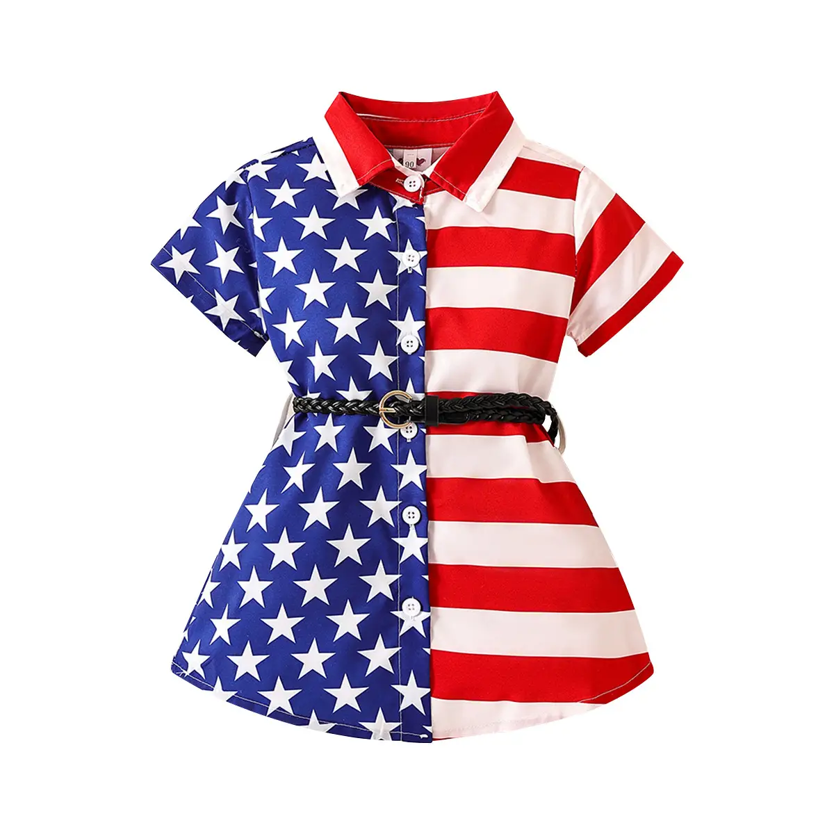 Independence Day Girl's Star Patchwork Dress with Belt - Image 5