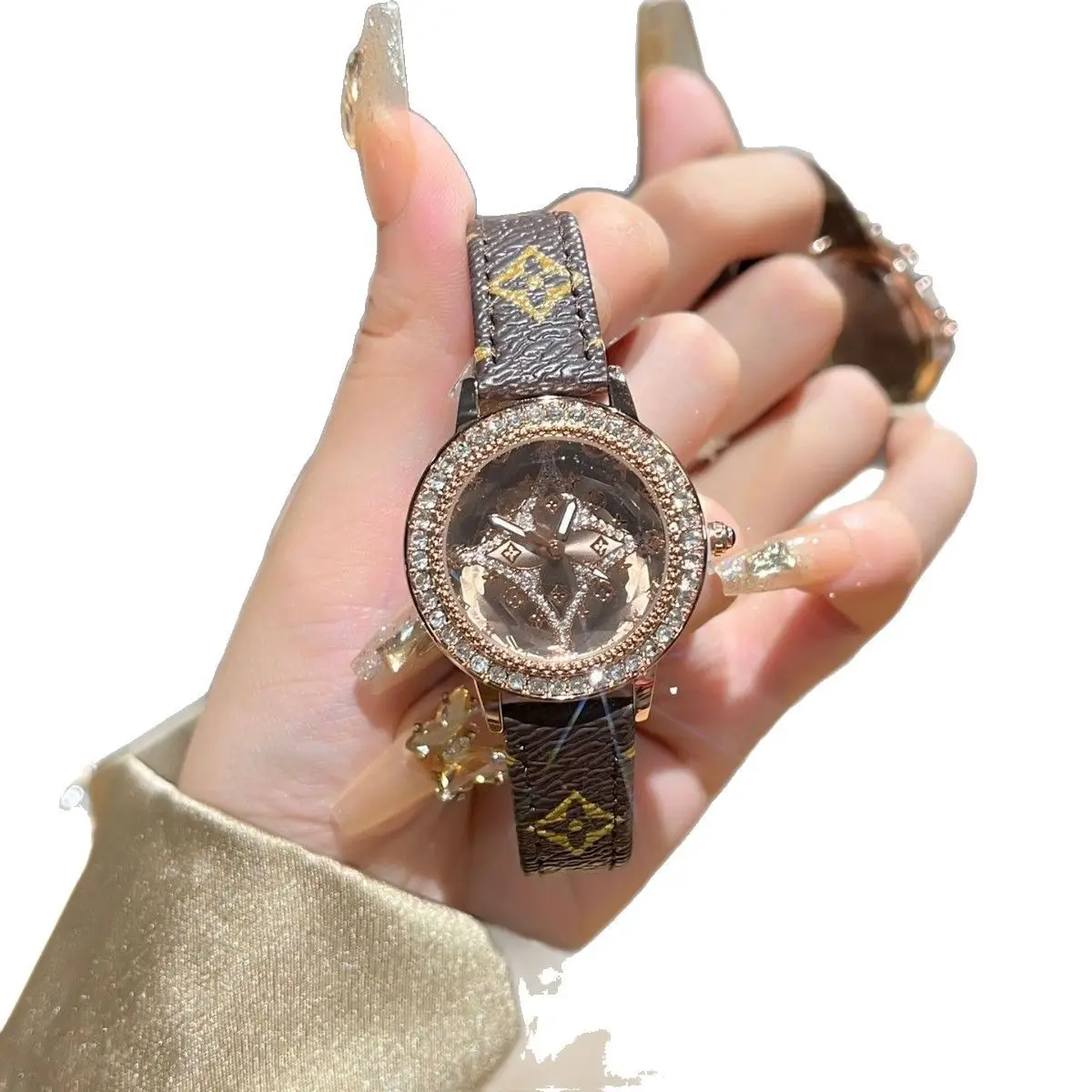 Gold Diamond Encrusted Women's Watch with Leather Band - Image 5