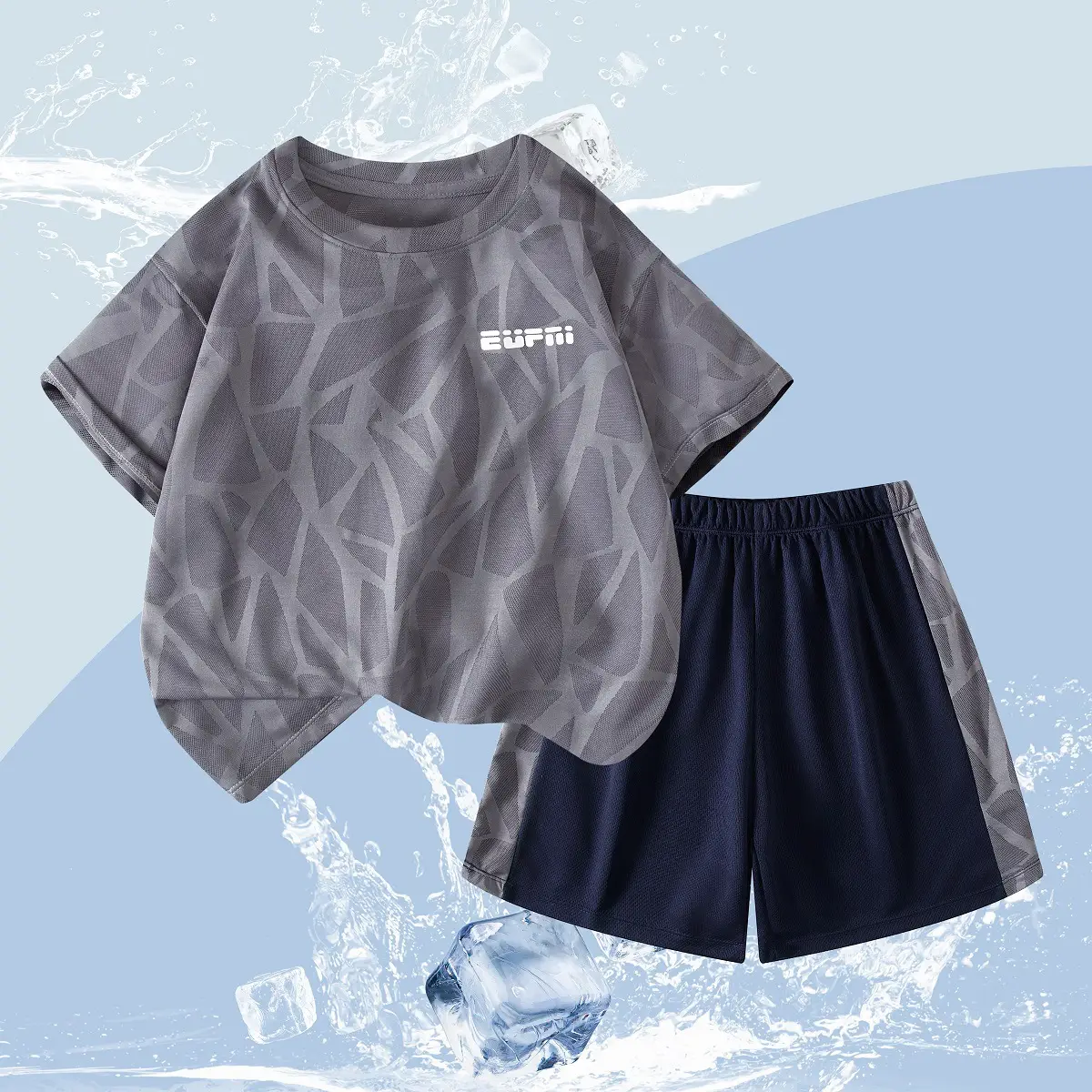 Boys Sweat Wicking T-Shirt Shorts Set Grey Black - Image 3