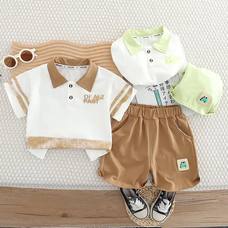 Boys Polo T-Shirt Shorts Set White Brown New - Image 3