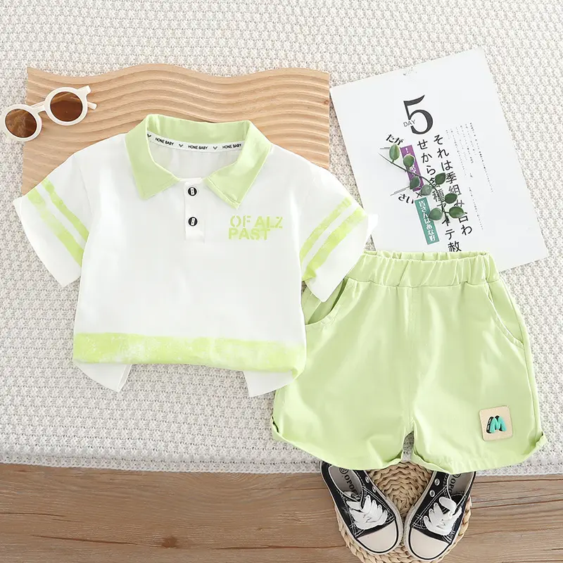 Boys Polo T-Shirt Shorts Set White Brown New - Image 2