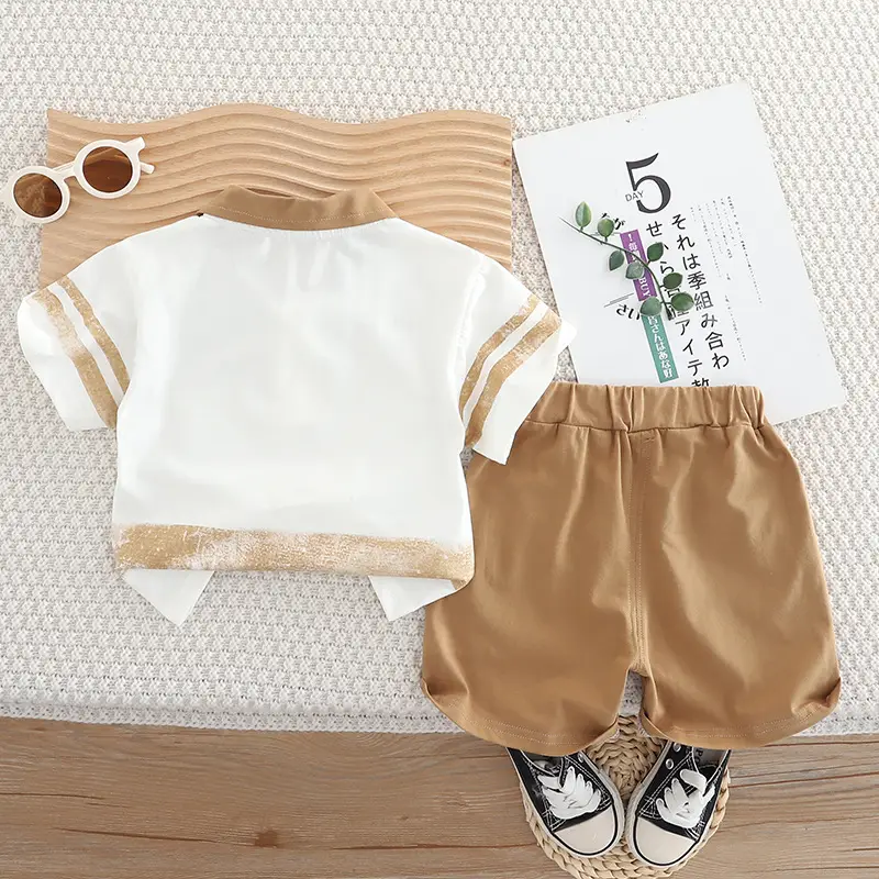 Boys Polo T-Shirt Shorts Set White Brown New - Image 4