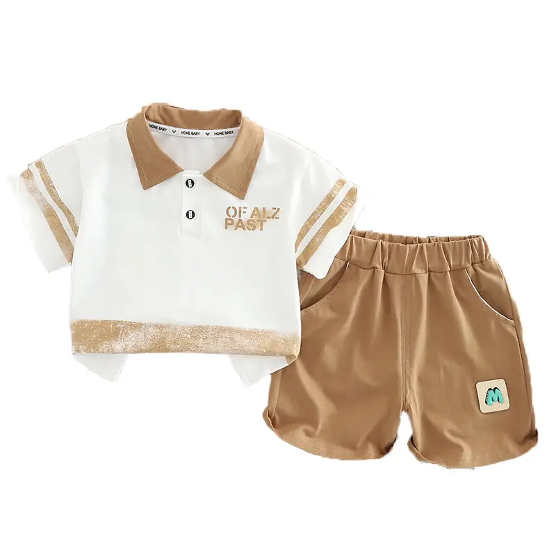 Boys Polo T-Shirt Shorts Set White Brown New - Image 5