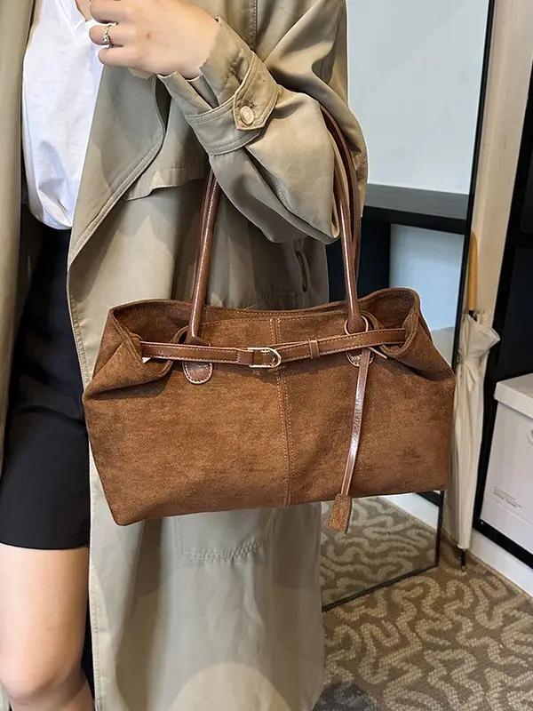 Women's Large Capacity Frosted Shoulder Bag Brown - Image 3