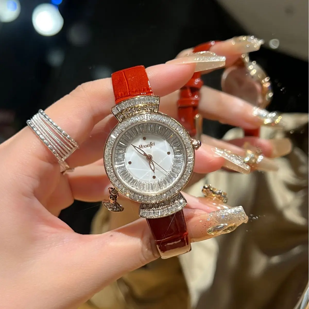 Diamond Encrusted Women's Quartz Watch with Real Belt - Image 5