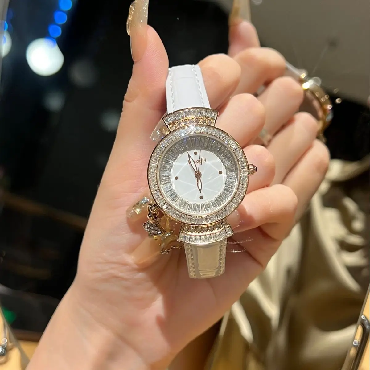 Diamond Encrusted Women's Quartz Watch with Real Belt - Image 2