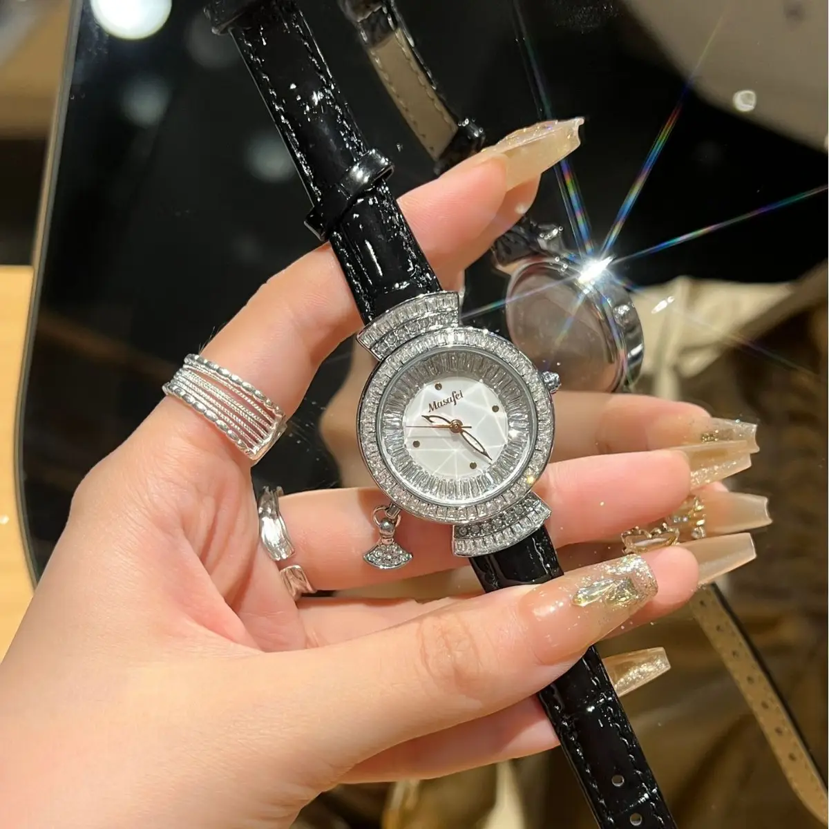 Diamond Encrusted Women's Quartz Watch with Real Belt - Image 3