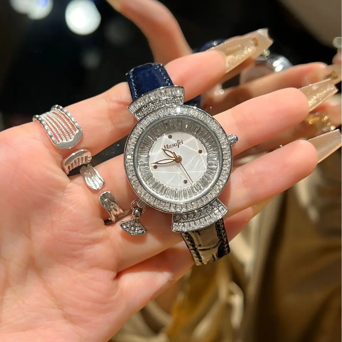 Diamond Encrusted Women's Quartz Watch with Real Belt - Image 6