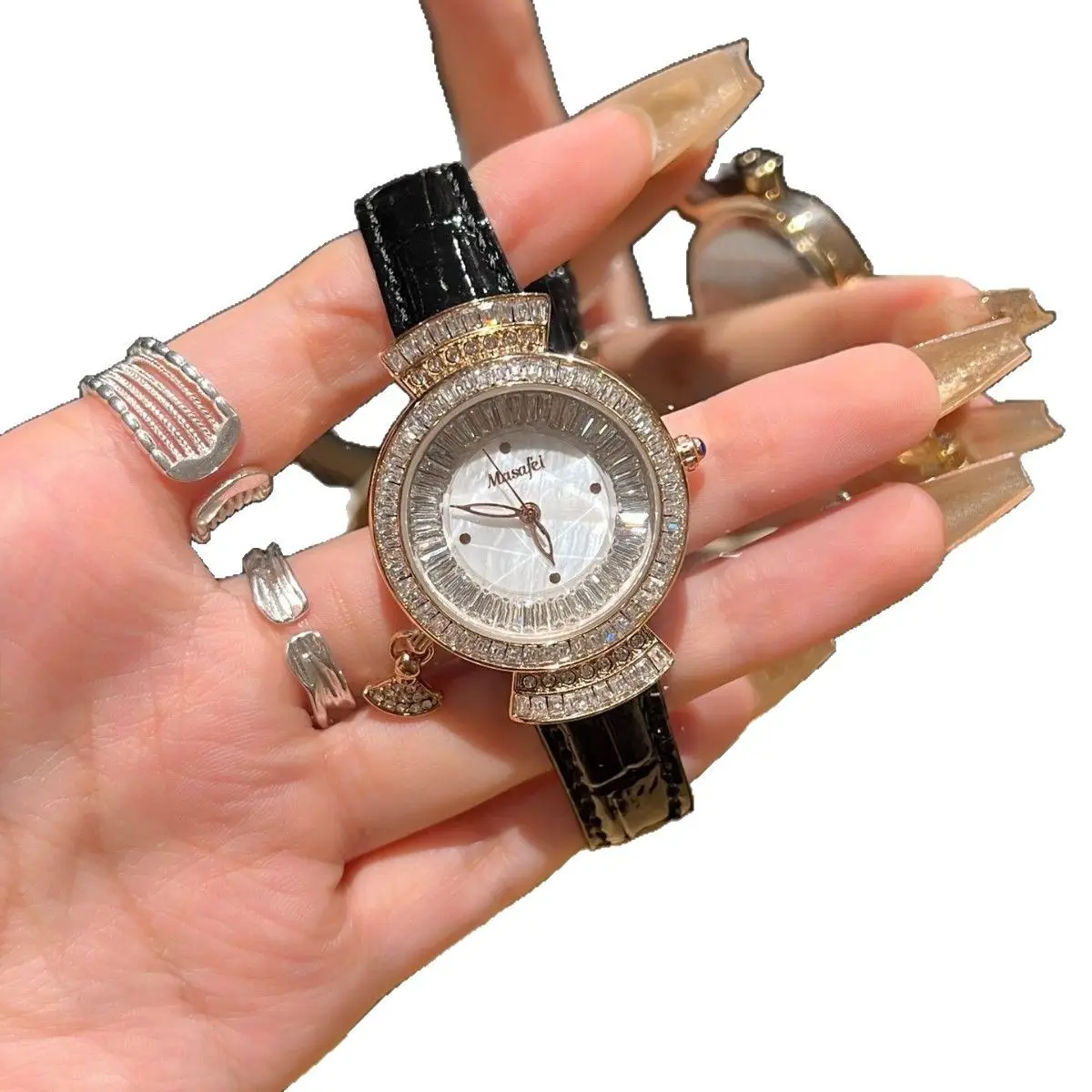Diamond Encrusted Women's Quartz Watch with Real Belt - Image 7