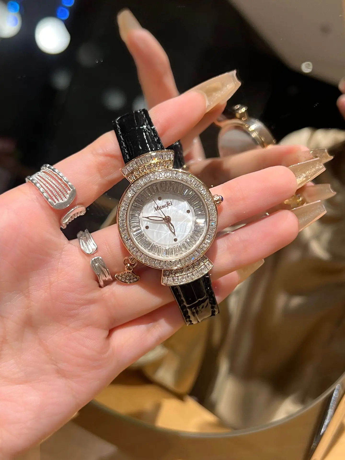 Diamond Encrusted Women's Quartz Watch with Real Belt — feature 1