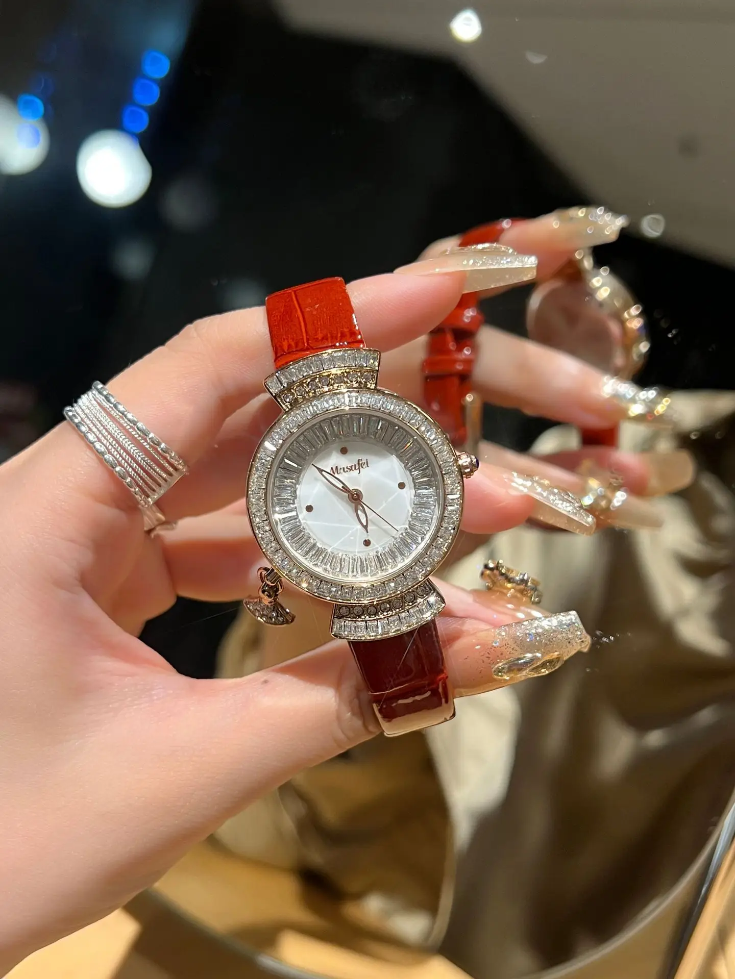 Diamond Encrusted Women's Quartz Watch with Real Belt — feature 2
