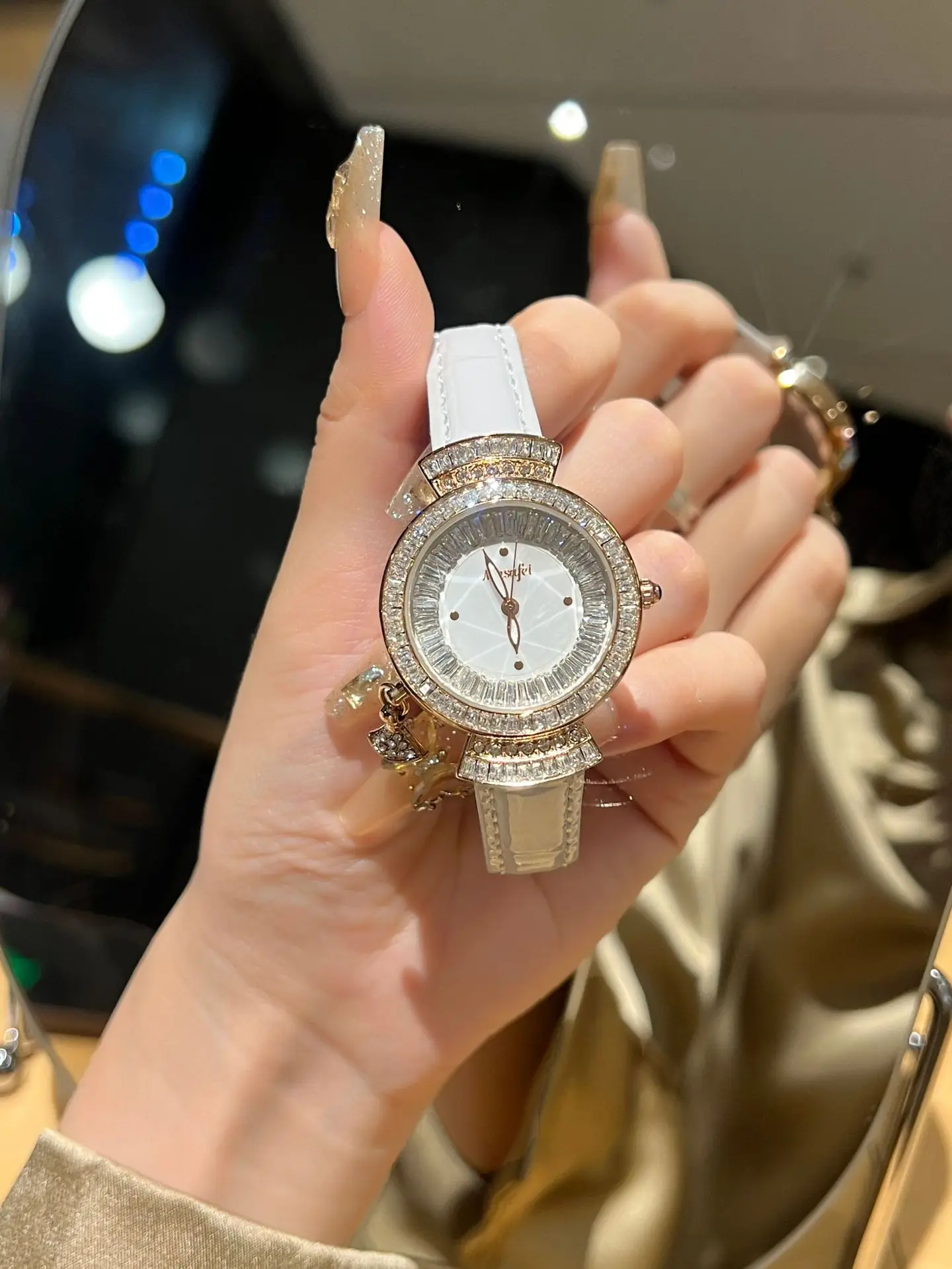 Diamond Encrusted Women's Quartz Watch with Real Belt — feature 3