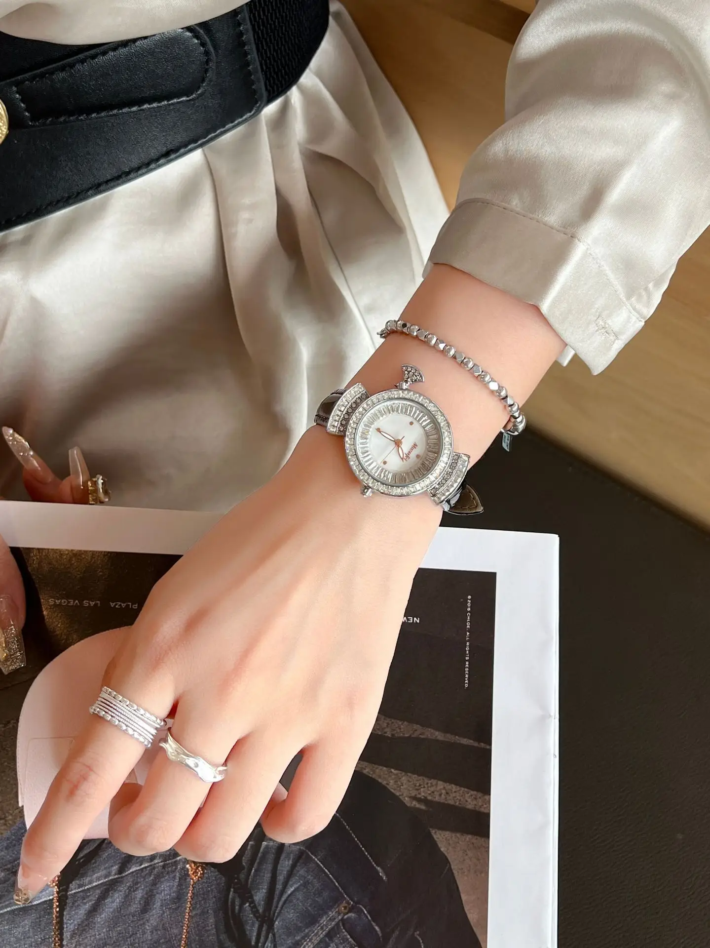 Diamond Encrusted Women's Quartz Watch with Real Belt — feature 6