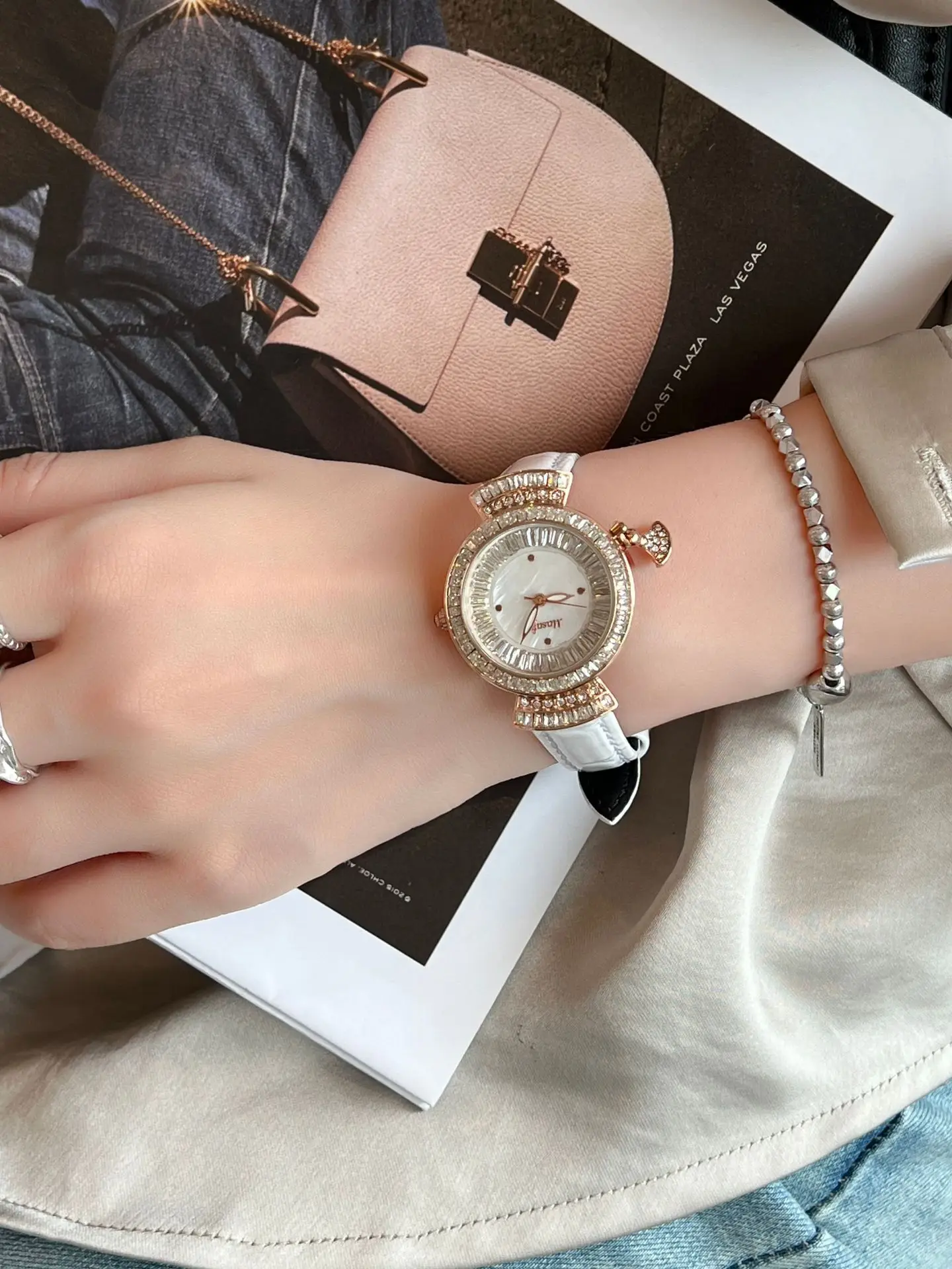 Diamond Encrusted Women's Quartz Watch with Real Belt — feature 7
