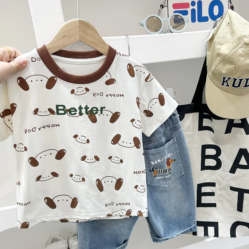 Boys T-Shirt Cartoon Print White Brown Green Shorts Set - Image 4